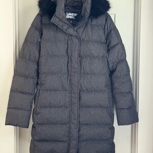 Lands' End Charcoal Puffer Coat with Dark Fur Trim ~ Removable Hood~ NWOT
